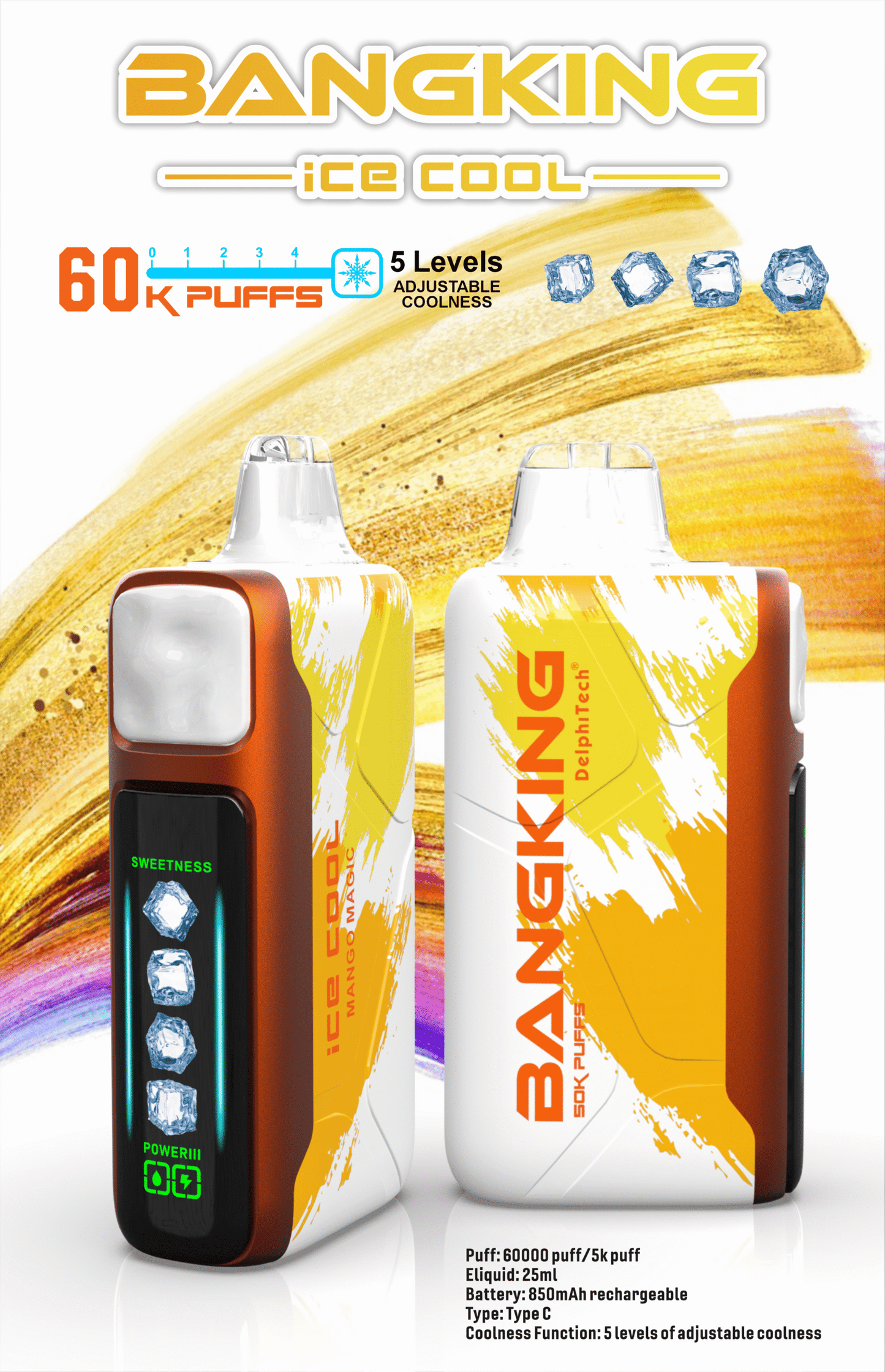 【Bang King  Ice Cool 60000口拋棄式】爆款上新/一次性超大容量5級可調涼度可充電電子煙/派對解癮神器-VAKA糖果雲煙館